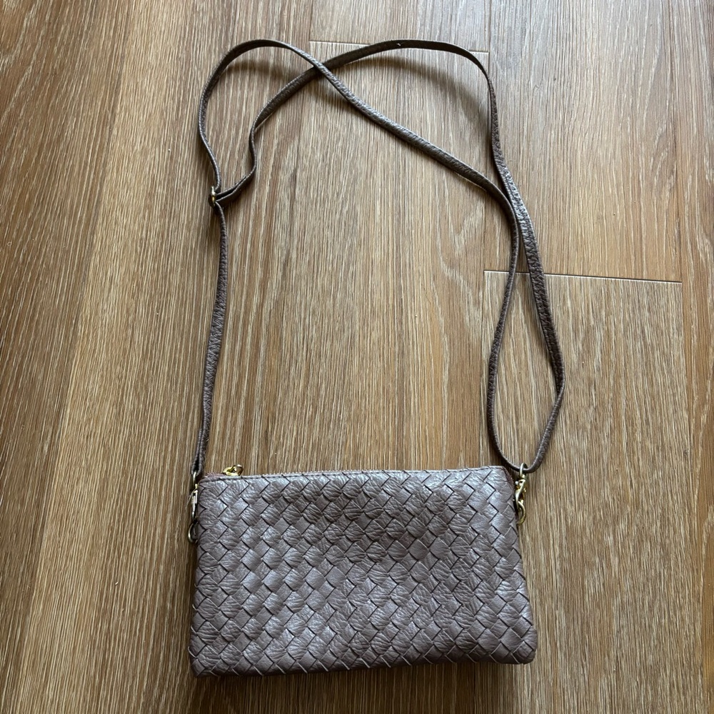 Taupe Brown Small Woven Leather Crossbody Adjustable Shoulder Purse Compact
